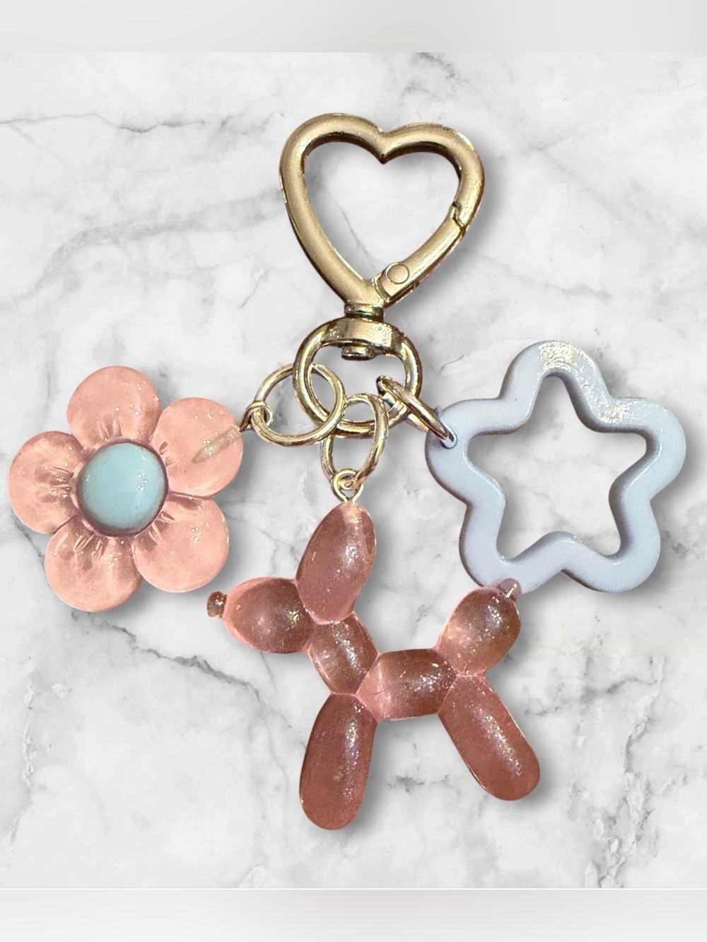 Gold Heart Keyring with Pink Flower & Balloon Dog Charms